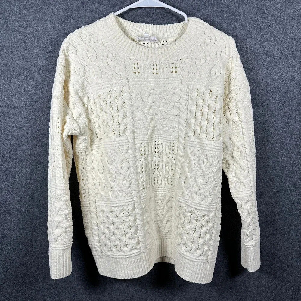 Hazel Moon Womens Cream Chenille‎ Cable Knit Sweater Crewneck Small Ivory